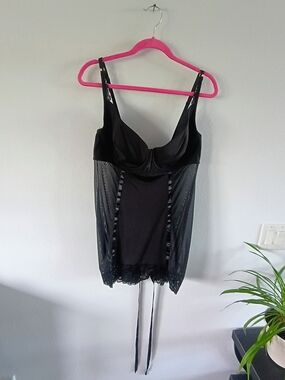 Cacique 22/24 Black Sheer Mesh Underwire Lace Trim Babydoll Chemise Lingerie